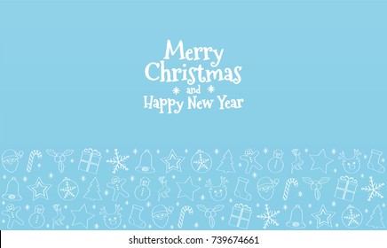 Christmas card with hand drawn decoration on blue background. Vector.