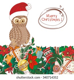 Christmas card with hand drawn decorative owl in Santa Claus hat and christmas wreath