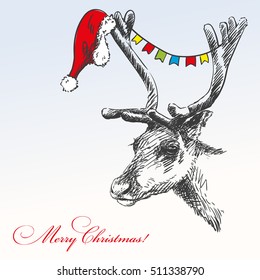 Christmas card hand drawn deer with Santa hat and flags hanging in his antlers