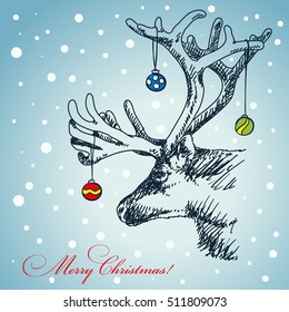 Christmas card hand drawn deer with decoration hanging in his antlers
