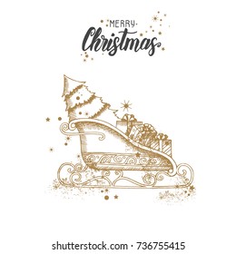 Christmas card with hand drawn doodle golden christmas Santa's sleigh and glitter. Isolated on white. Hand made quote "Merry Christmas". Sketch. For banner, poster, flyer, brochure, wed, background