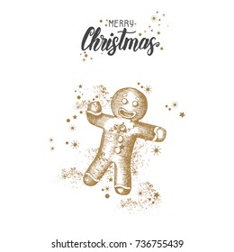 Christmas card with hand drawn doodle golden christmas gingerbread man and glitter. Isolated on white. Hand made quote "Merry Christmas". Sketch. For banner, poster, flyer, brochure, wed, background
