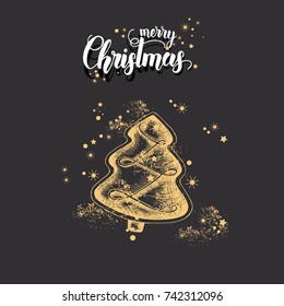 Christmas card with hand drawn doodle golden christmas tree and glitter on black. Hand made quote "Merry Christmas". Sketch. For banner, poster, flyer, brochure, wed, background