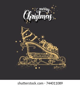 Christmas card with hand drawn doodle golden christmas Santa's sleigh and glitter on black. Hand made quote "Merry Christmas". Sketch. For banner, poster, flyer, brochure, wed, background