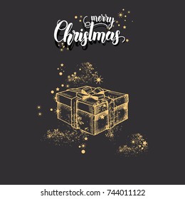 Christmas card with hand drawn doodle golden christmas gift and glitter on black. Hand made quote "Merry Christmas". Sketch. For banner, poster, flyer, brochure, wed, background