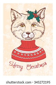 Christmas card. Hand drawn fox dressed up in sweater. Vector illustration.
