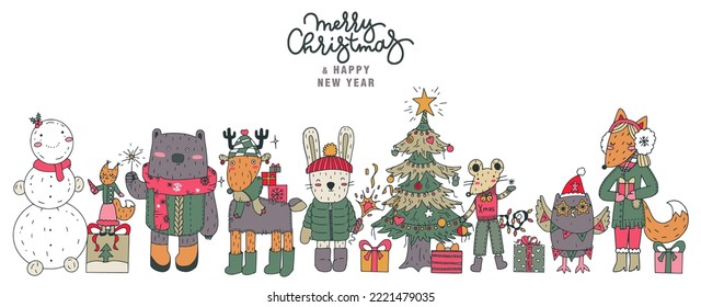Christmas card with hand drawn funny animals, snowflakes and holiday handwritten lettering.