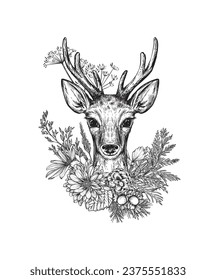 Christmas card with hand drawn funny deer with winter floral wreath of plants and flowers. Vector illustration in sketch style