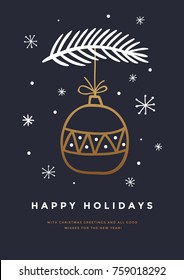 Christmas card with hand drawn Golden Christmas ball, snowflakes and branch of Christmas tree on dark background. Decorative elements for winter holidays. Vector illustration.