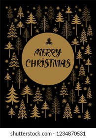 Christmas card with hand drawn lettering Merry Christmas. Winter background with various firs, christmas tree, snow. Design for flyer, banner, invitation, congratulation, poster. Vector illustration