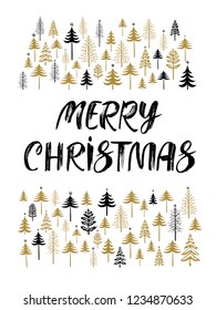 Christmas card with hand drawn lettering Merry Christmas. Winter background with various firs, christmas tree, snow. Design for flyer, banner, invitation, congratulation, poster. Vector illustration