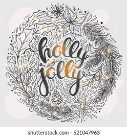 Christmas card with hand drawn lettering and floral wreath. Vector Christmas card with floral ornaments and season's greetings. 
