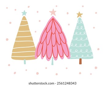 Christmas card with hand drawn minimal trees. Doodle Christmas tree illustration. Festive greeting card.
