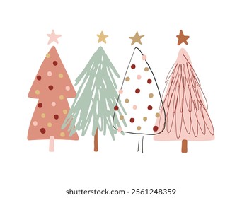 Christmas card with hand drawn minimal trees. Doodle Christmas tree illustration. Festive greeting card.