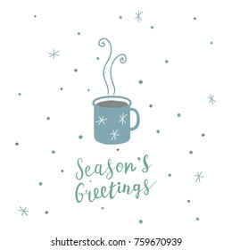 Christmas card with hand drawn mug with hot drink, snowflakes and lettering, Christmas design elements