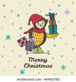 Christmas card with hand drawn Owl. Vector hand drawn illustration of Owl character on beige background.