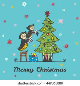 Christmas card with hand drawn owls decorating a Christmas tree. Vector hand drawn illustration of Owl characters on blue background.