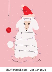 Christmas card with hand drawn poodle dog wearing a Santa hat. Modern festive greeting card.