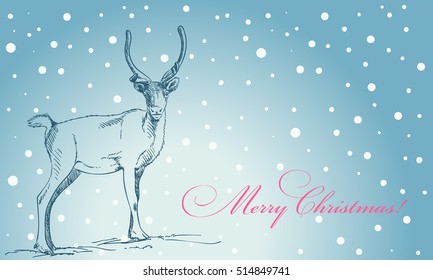 Christmas card hand drawn reindeer on blue winter background