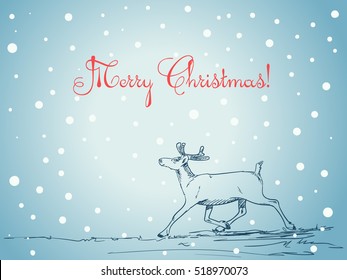 Christmas card hand drawn reindeer running on blue winter background