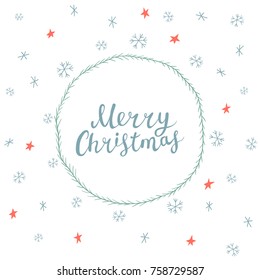 Christmas card with hand drawn round frame, snowflakes, stars and lettering