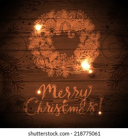 Christmas card with hand drawn sketch illustration. Wooden texture vector background