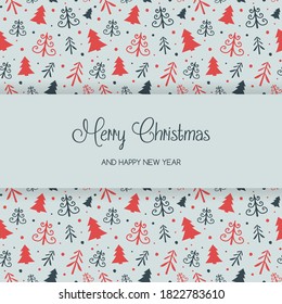 Christmas card with hand drawn trees and wishes. Xmas background. Vector
