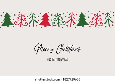 Christmas Card With Hand Drawn Trees And Wishes. Xmas Background. Vector