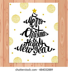 Christmas card with hand drawn typography. Christmas tree with text Merry Christmas and Happy New Year. Vector illustration.