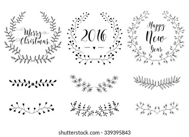 Christmas card. Hand Drawn vintage elements. Swirls, laurels, frames, leaves, banners and curls. Laurels.  Christmas elements.