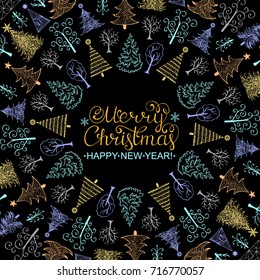 Christmas card with hand drown tree on white background.Vector illustration.