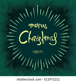 
Christmas card. Hand-drawn greetings calligraphy with twigs of spruce