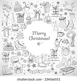 Christmas card with hand-drawn snowflakes, snowman, lanterns, gift boxes and candles on white background. Vector sketch illustration. Doodle christmas card. 