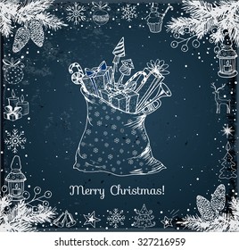 Christmas card with hand-drawn snowflakes, snowman, lanterns, candles and bag full of gifts on dark blue night background. Vector sketch illustration. Doodle christmas card.