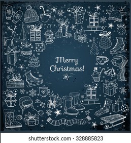 Christmas card with hand-drawn snowflakes, snowman, lanterns, gift boxes and candles on dark blue night background. Vector sketch illustration. Doodle christmas card. 