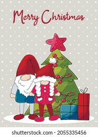 Christmas card in handdrawn style. Two gnomes in Santa Claus hats, Christmas tree, gifts. Cute holiday card, flyer, banner
