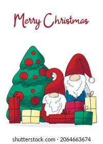 Christmas card in handdrawn style. Two gnomes in Santa Claus hats, Christmas tree, gifts. Cute holiday card