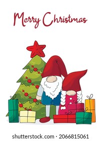 Christmas card in handdrawn style. Two gnomes in Santa Claus hats, Christmas tree, gifts. Cute