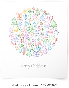Christmas card hand-drawn with christmas trees, christmas balls and other objects. Xmas card. 