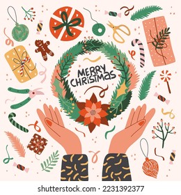 Christmas card. Hands holding a Christmas wreath. The concept of decorating New Year's gifts. Winter greeting card. Vector design.
