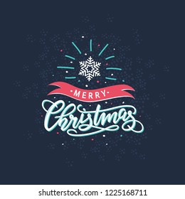 Christmas card with handwriting lettering and snowflake, vector illustration.