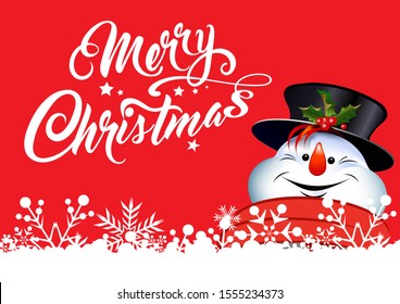 Christmas card. Handwritten inscription Merry Christmas. Happy Snowman on red background. Vector.