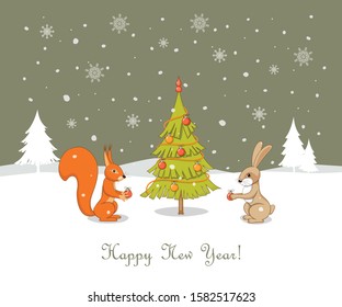 Christmas card with handwritten text Happy New year, rabbit and squirrel decorating fir-tree with christmas ball on the winter background,  snowflakes. Vector illustration for children books. eps 10
