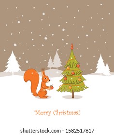 Christmas card with handwritten text Merry Christmas, cute cartoon squirrel decorating fir tree with christmas balls  on the winter background. Vector illustration for children books. eps 10