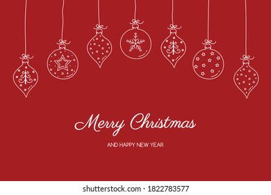 Christmas card with hanging balls and hand drawn decorations. Vector