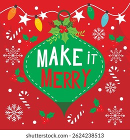 Christmas card with hanging bauble and lights