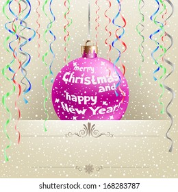 Christmas card with hanging bauble and ribbons on the light snow background