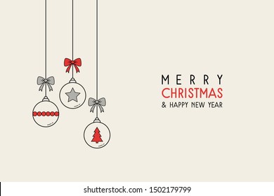 Christmas card with hanging baubles and greetings. Simple background. Vector