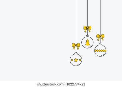 Christmas card with hanging baubles. Xmas decoration. Vector