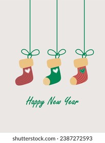Christmas card with hanging colored socks on bows. Universal template for a Christmas banner, background with space for text on a beige background